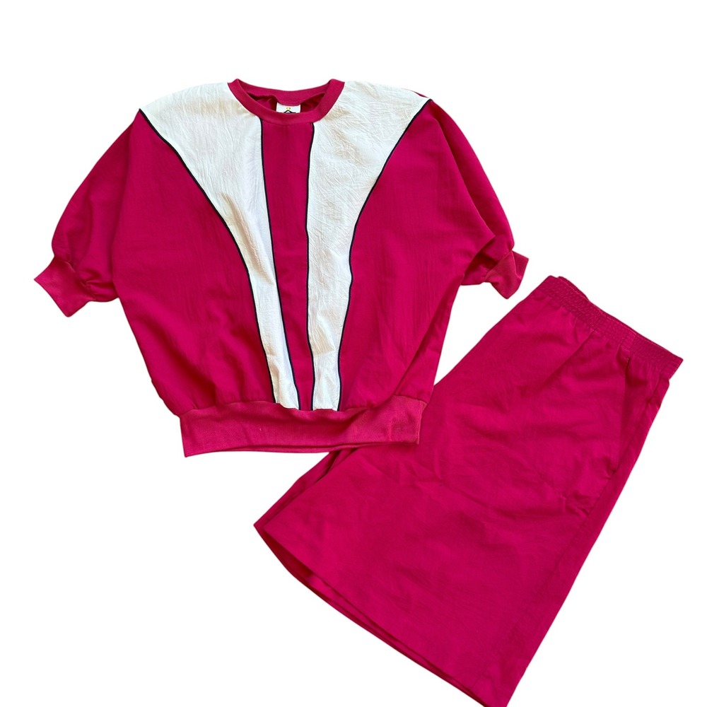 Vintage Cortiva Pink Colorblock Shorts Set Womens Large Made in USA 80s 90s 2pc